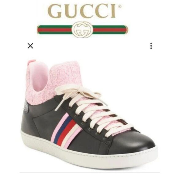 Gucci Leather Low Top Sneakers Black Sylvie Web Accent Round toe sz 37.5 - Picture 1 of 12